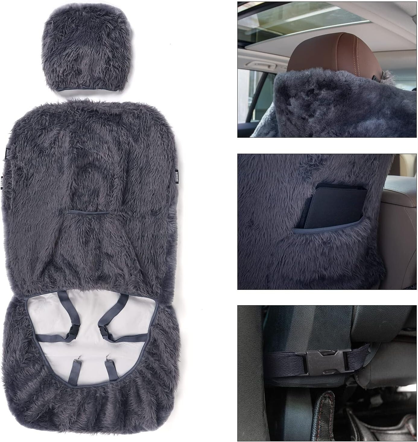 Easy Fit Universal Charcoal Sheepskin Front Seat Cover with Storage Pocket