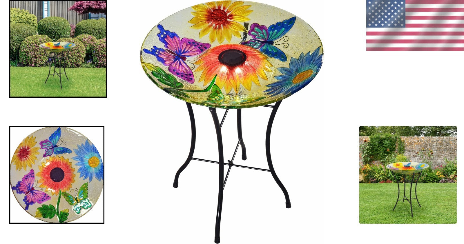 Elegant 18" Solar Glass Birdbath with LED Lights – Attract Butterflies Outdoors