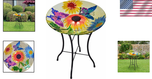 Elegant 18" Solar Glass Birdbath with LED Lights – Attract Butterflies Outdoors