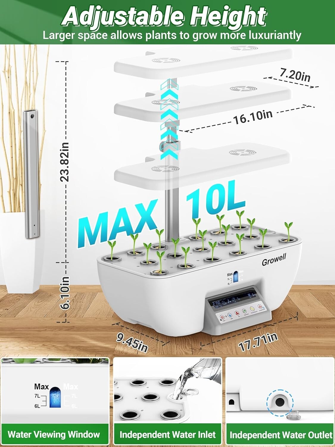 Modern Hydroponic Garden Kit with 28W LED Lights, 10L Tank & Child Lock Feature