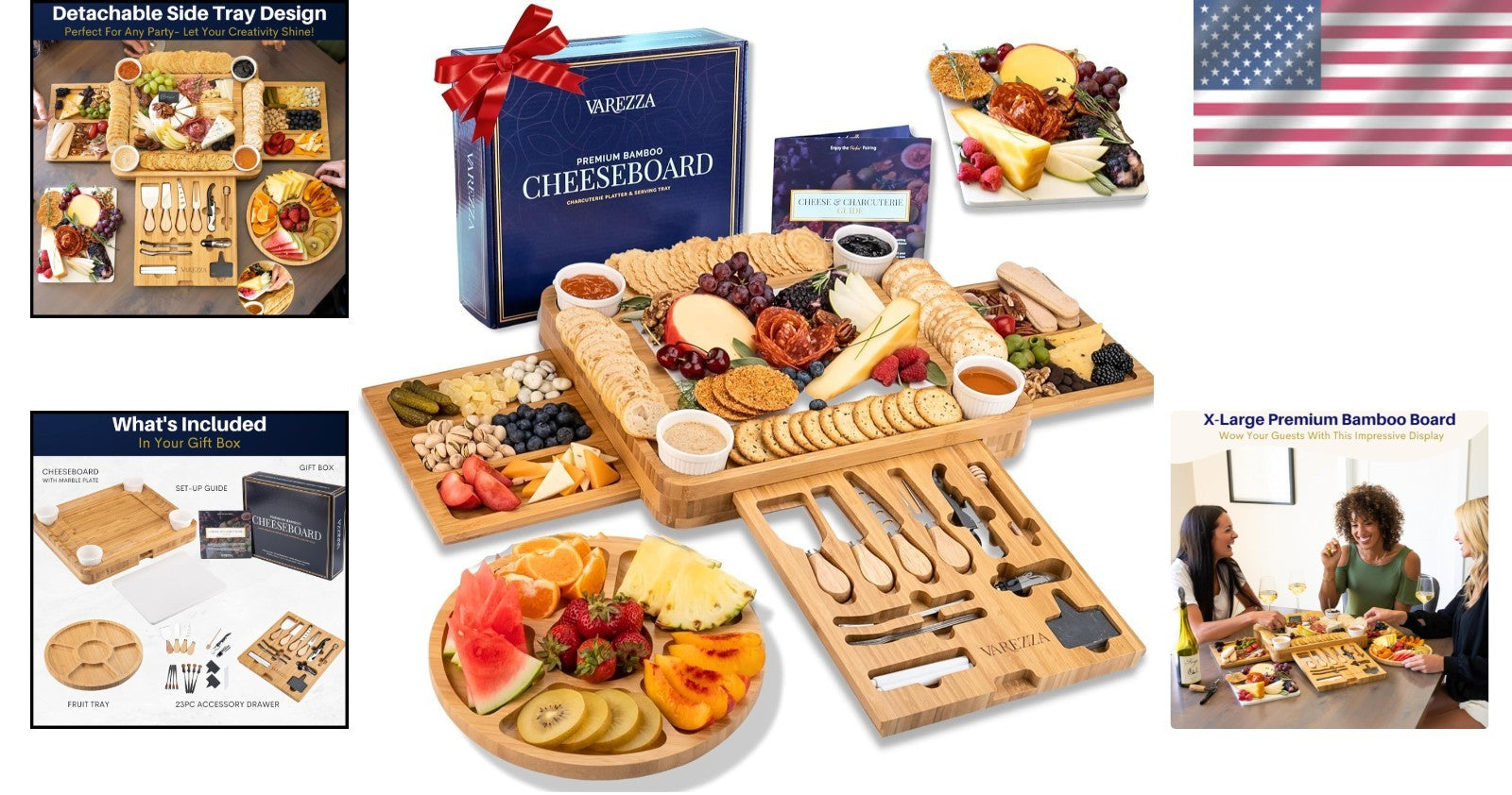Extra Large Marble & Bamboo Charcuterie Board Set - 27 Entertaining Accessories