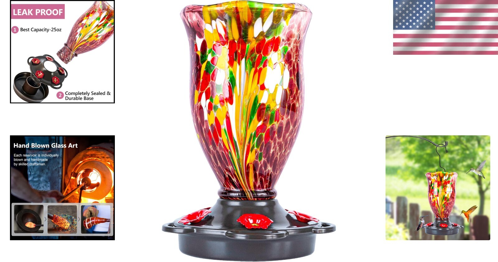 Artisan Glass Hummingbird Feeder - 25oz Capacity and Multipurpose Elegant Design