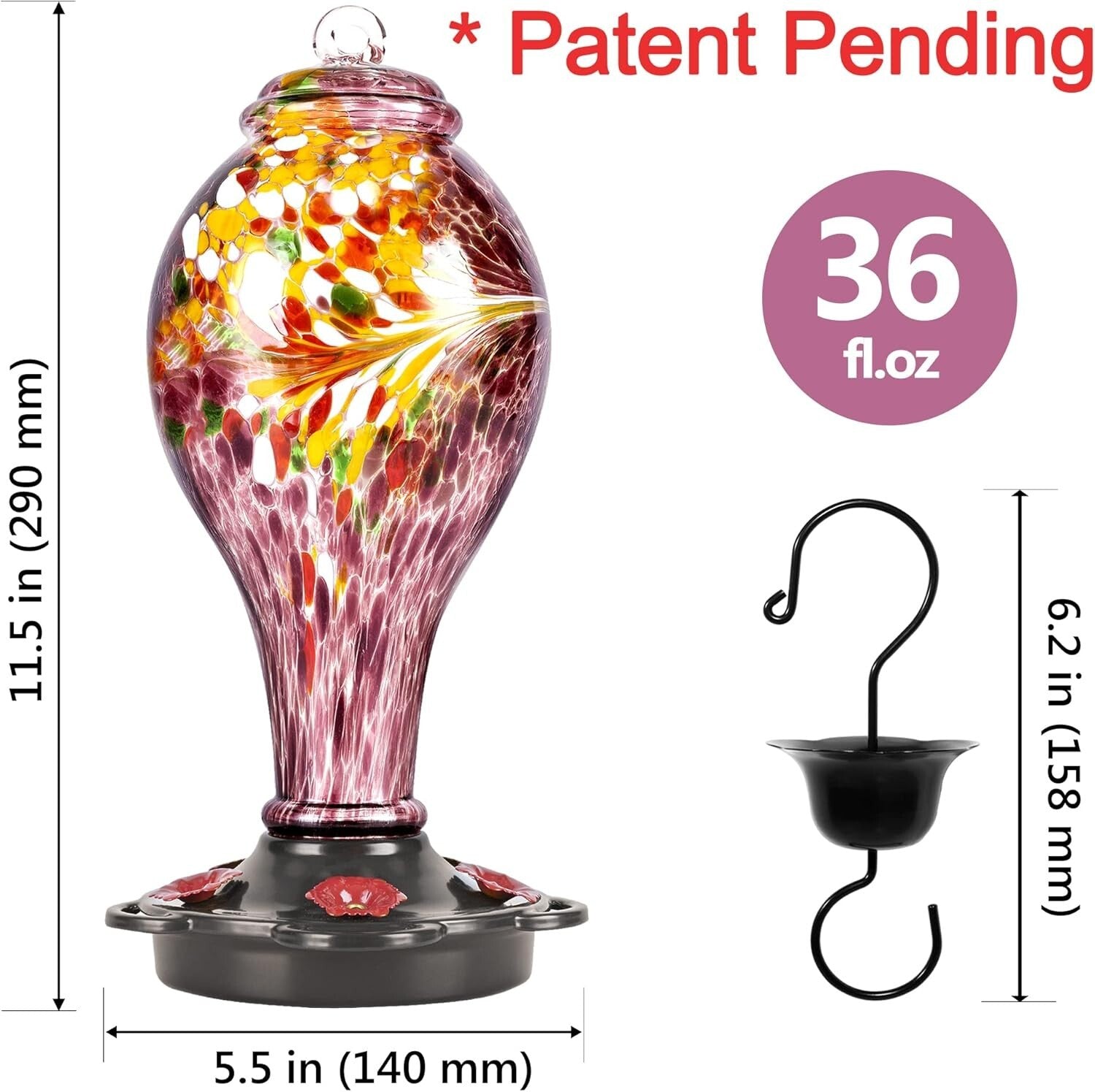 Elegant 36oz Hummingbird Feeder, Leak Proof with Easy Fill Design, Purple Glass