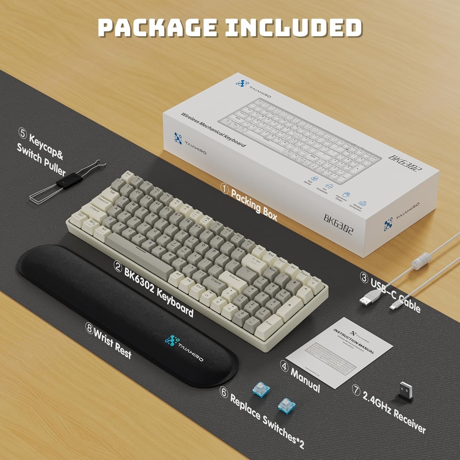 Ergonomic Hot-Swappable Wireless Gaming Keyboard - 3000mAh Battery, Rainbow LED