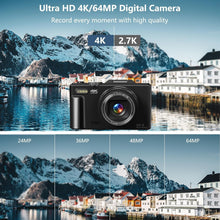 Load image into Gallery viewer, 4K Vlogging Camera with 64MP, 180° Flip Screen &amp; 18X Zoom - Perfect for Travel