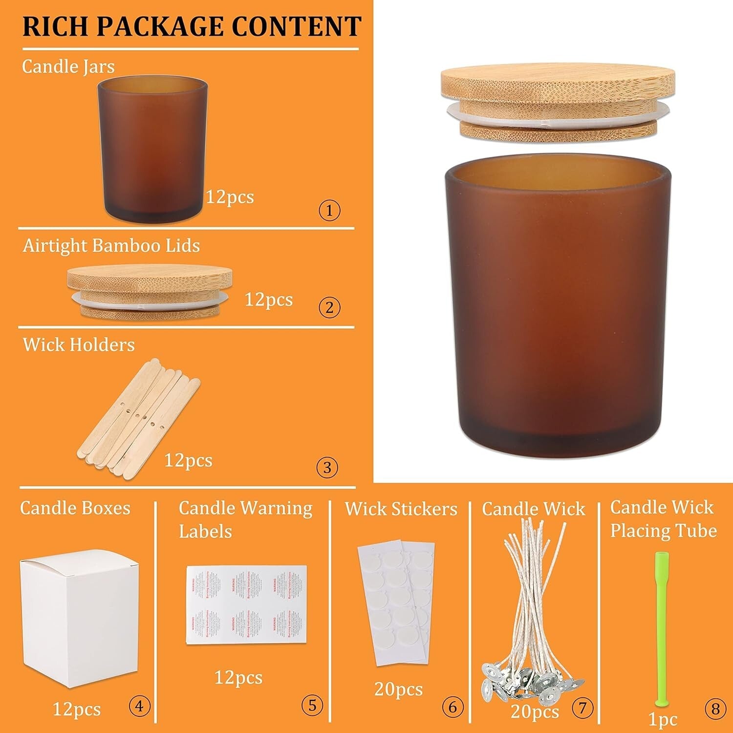 Elegant 12 OZ Frosted Amber Candle Jars with Bamboo Lids - Crafting Kit Included