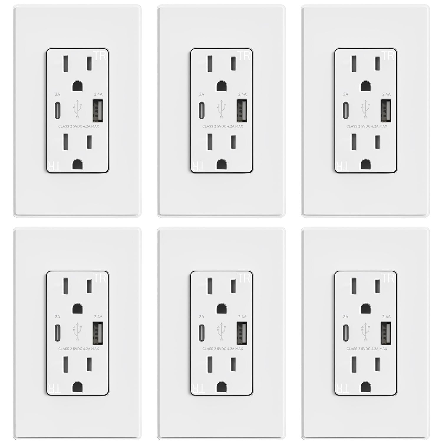 Tamper Resistant USB Outlets with Dual Ports - Easy Install 6 Pack, Matte White