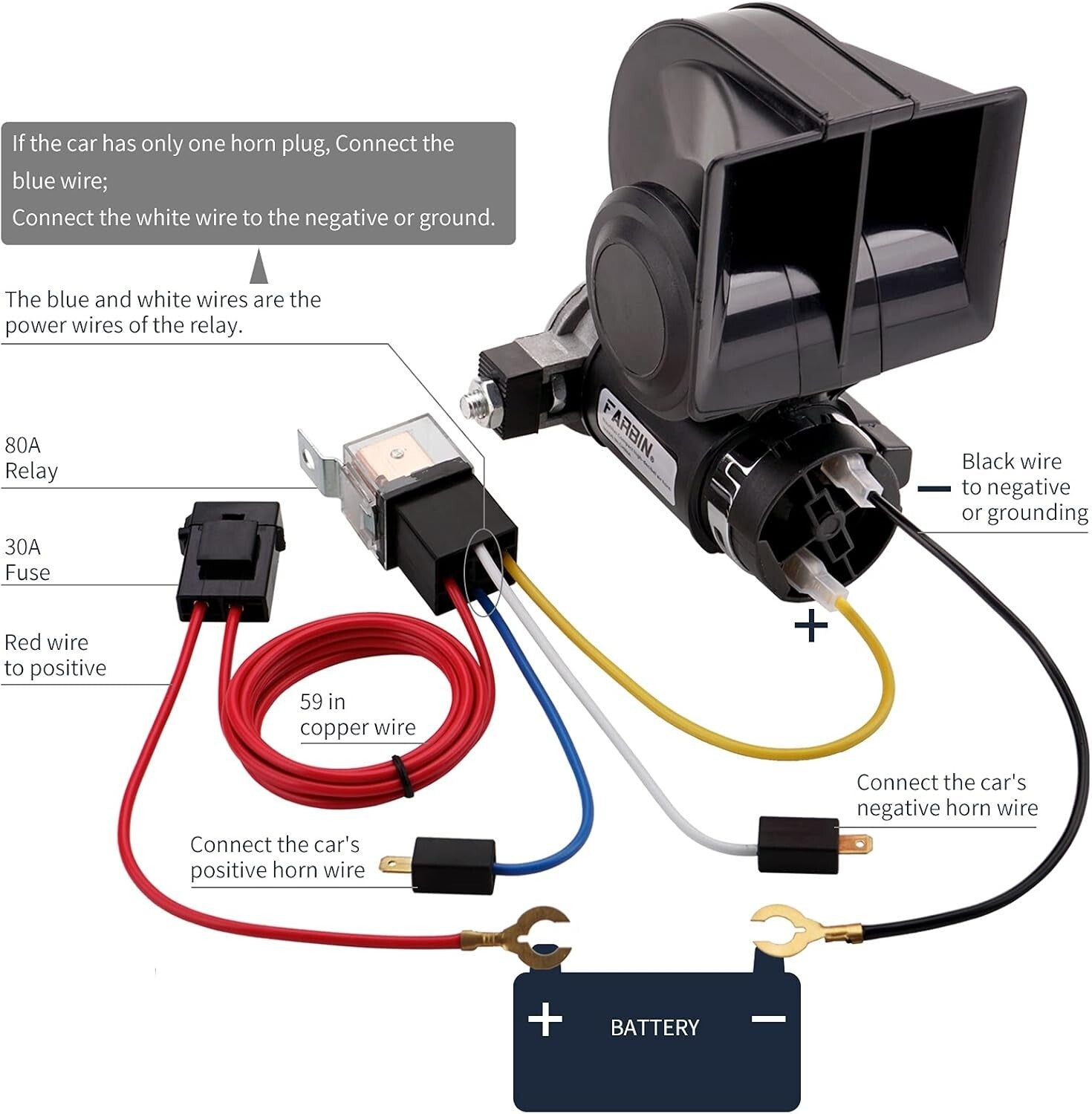 Super Loud 12V Air Horn - 150Db Black Electric Horn with Easy Install Harness