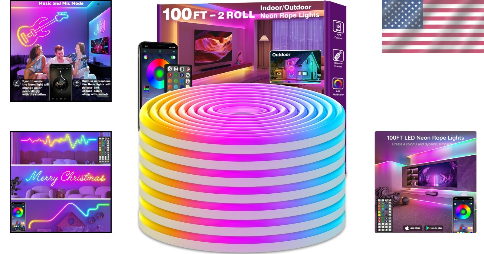 Eco-Friendly 100FT RGB Neon Lights - App & Remote Control with Music Sync