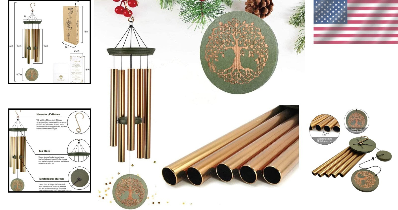 Personalized 36-Inch Outdoor Wind Chimes with Adjustable Sound & Tree Design