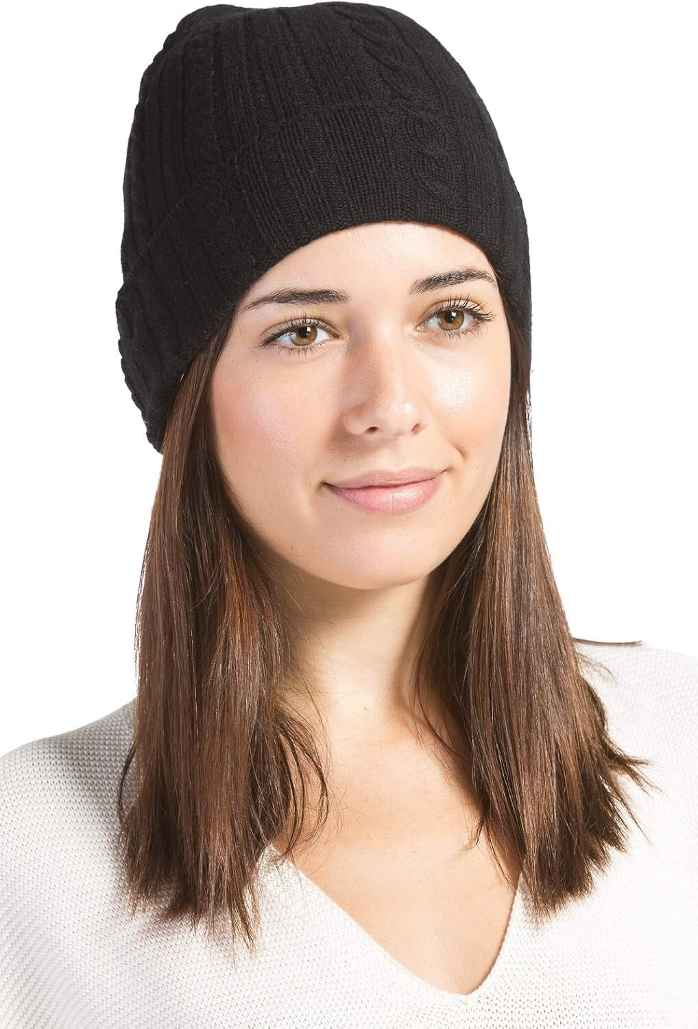 Elegant Women's Cable Knit Cashmere Hat with Cuffed Design for Cozy Winter
