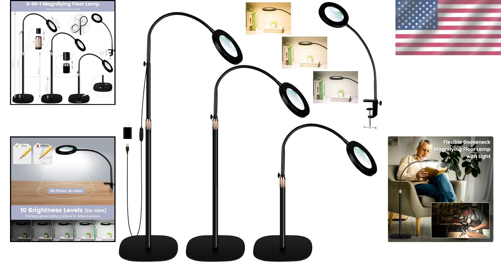 Adjustable 10X Magnifying Glass with Stepless Dimming LED for Seamless Crafting