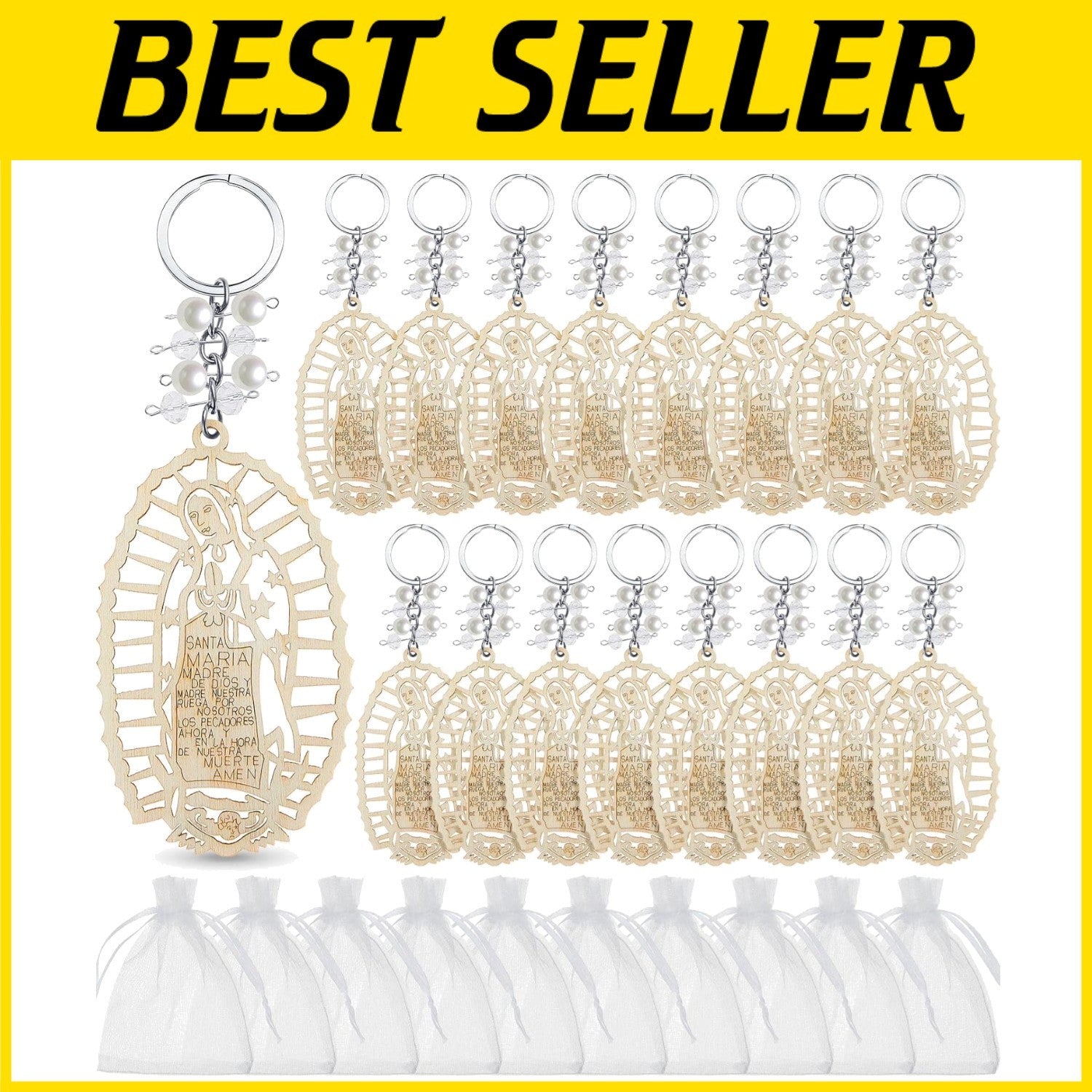 Set of 50 Our Lady of Guadalupe Wood Keychains in Organza Bags for Baptism