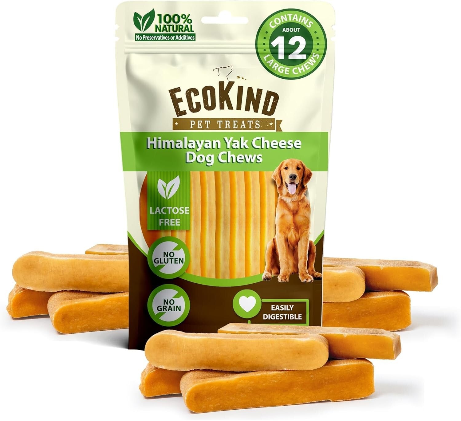 EcoKind Premium Gold Yak Cheese Chews for Large Breeds - 12 All-Natural Treats