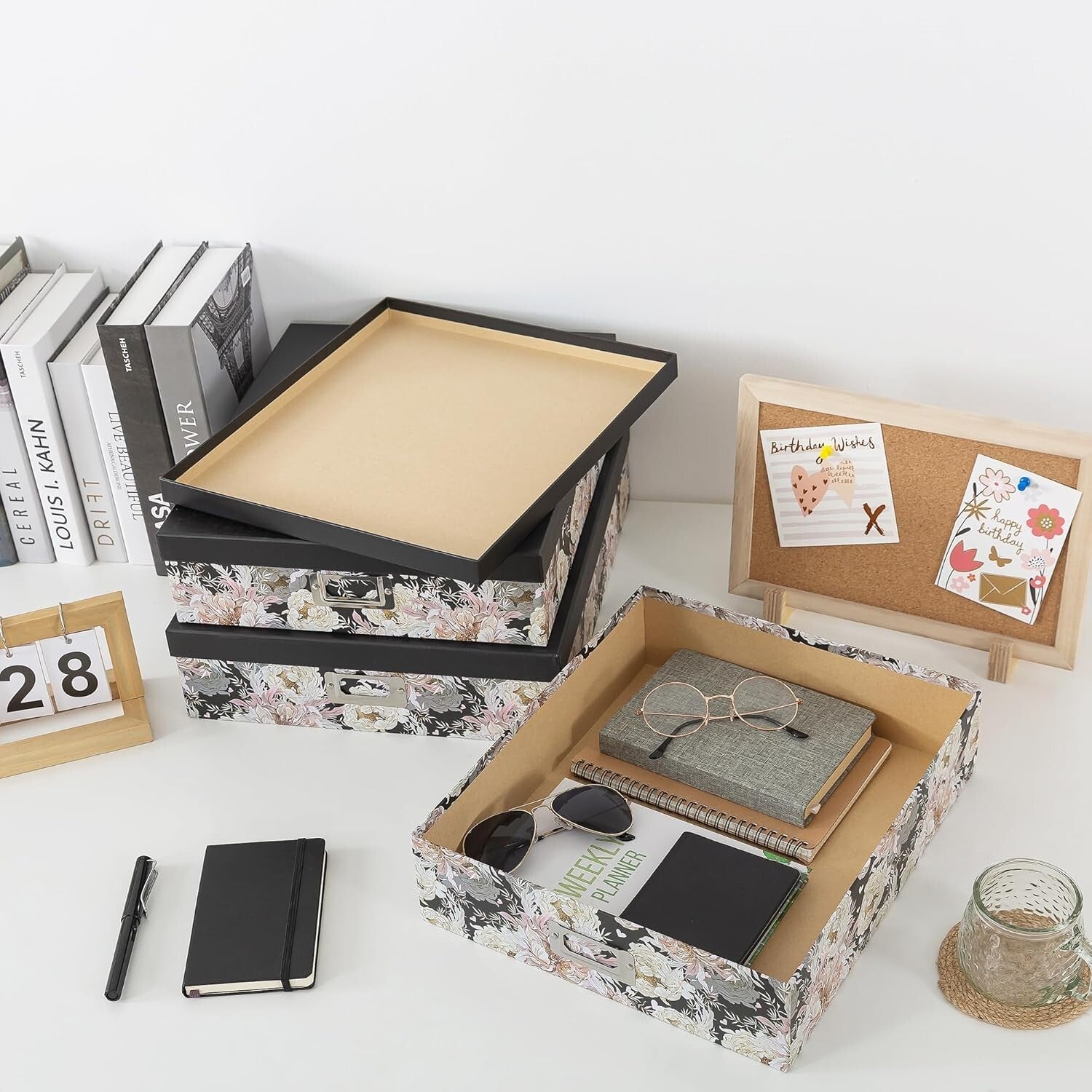 Versatile Floral Keepsake Boxes in Three Sizes - Elegant Garden Noir Storage Set