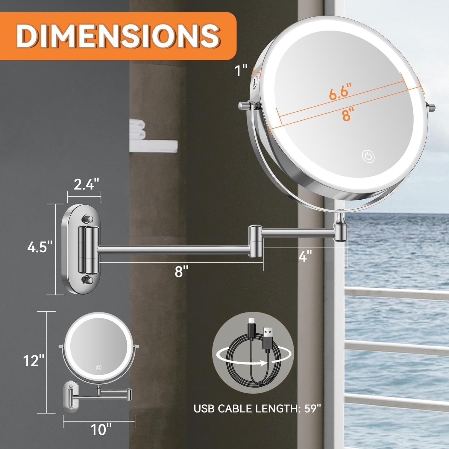 8” Round Makeup Mirror with 54 LED Lights - Rechargeable & Adjustable Brightness