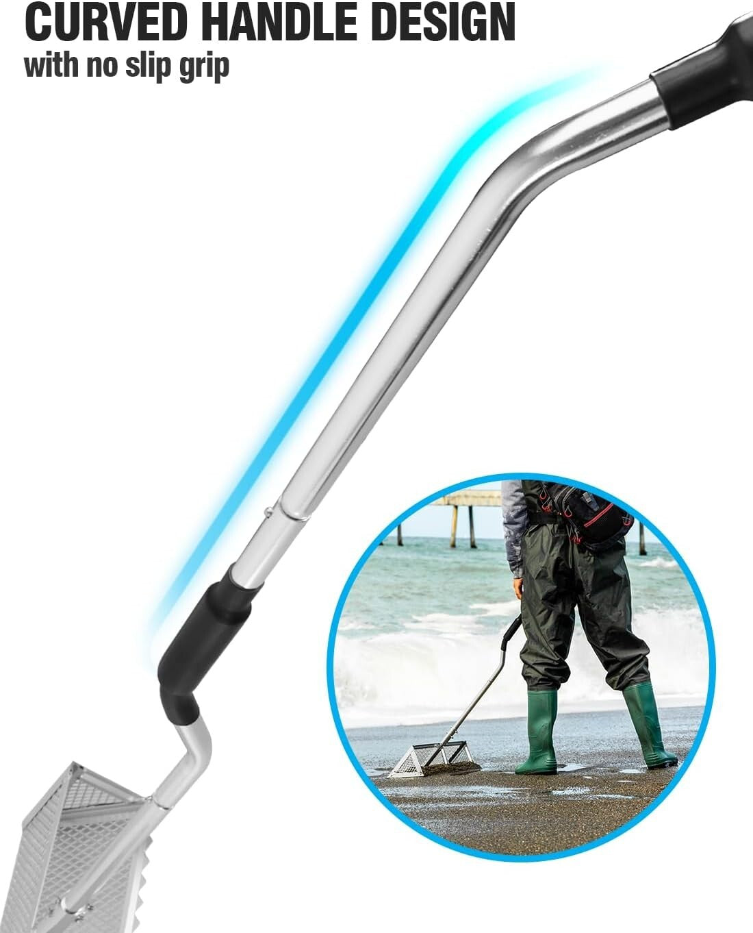 Ergonomic Sand Flea Rake with Sharp Teeth and Wide Basket - 16 & 52 Inch Design