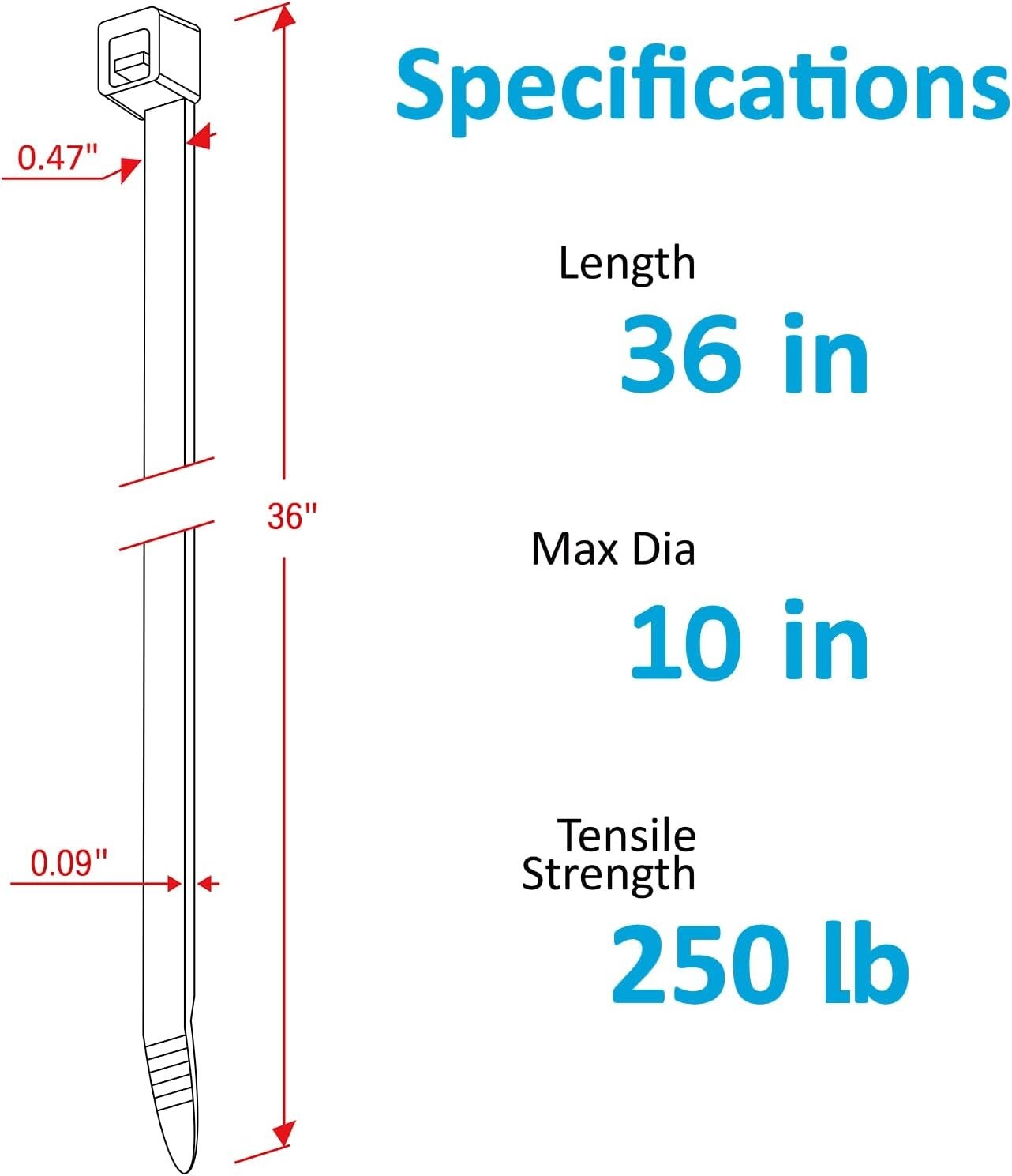 Long-Lasting 250 Pack Zip Ties, 36-Inch Heavy Duty Design with 10" Max Diameter