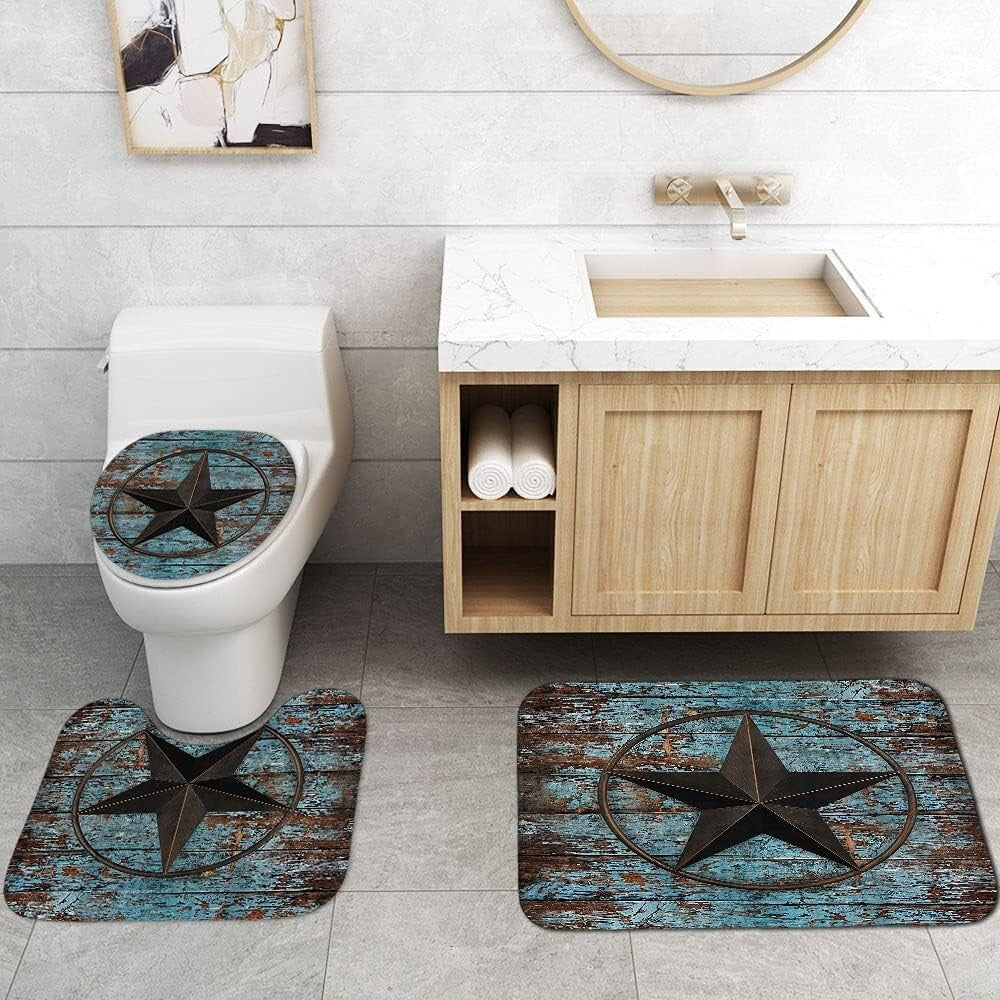 Stylish Texas Star Fabric Shower Curtain with 3 Non-Slip Mats – 4PC Bathroom Set