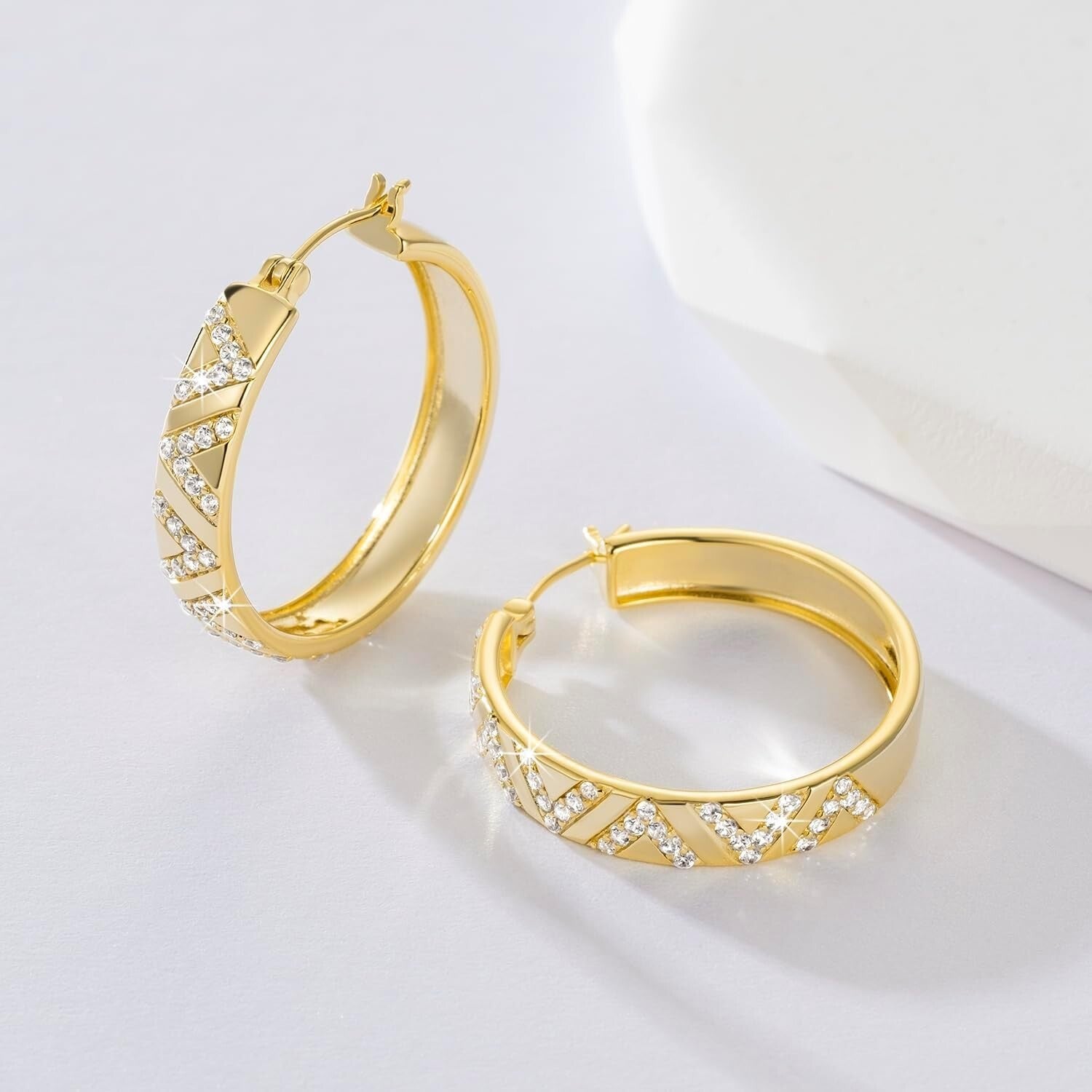 25mm Thick 14K Gold Hoop Earrings with V-Cut and Diamond Sparkle for Women