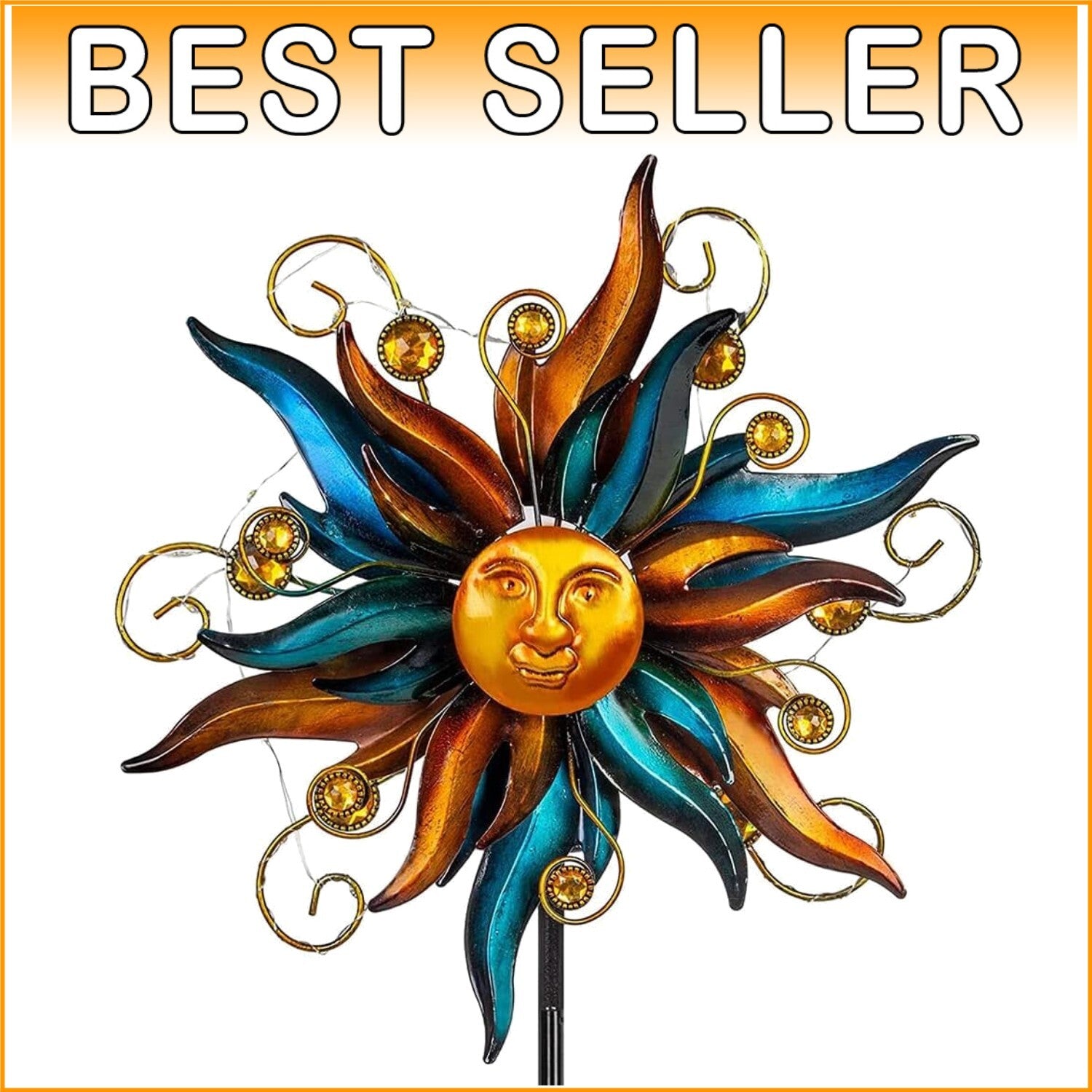 Unique Face Design Solar Garden Wind Spinner with LED Lights - Easy Installation