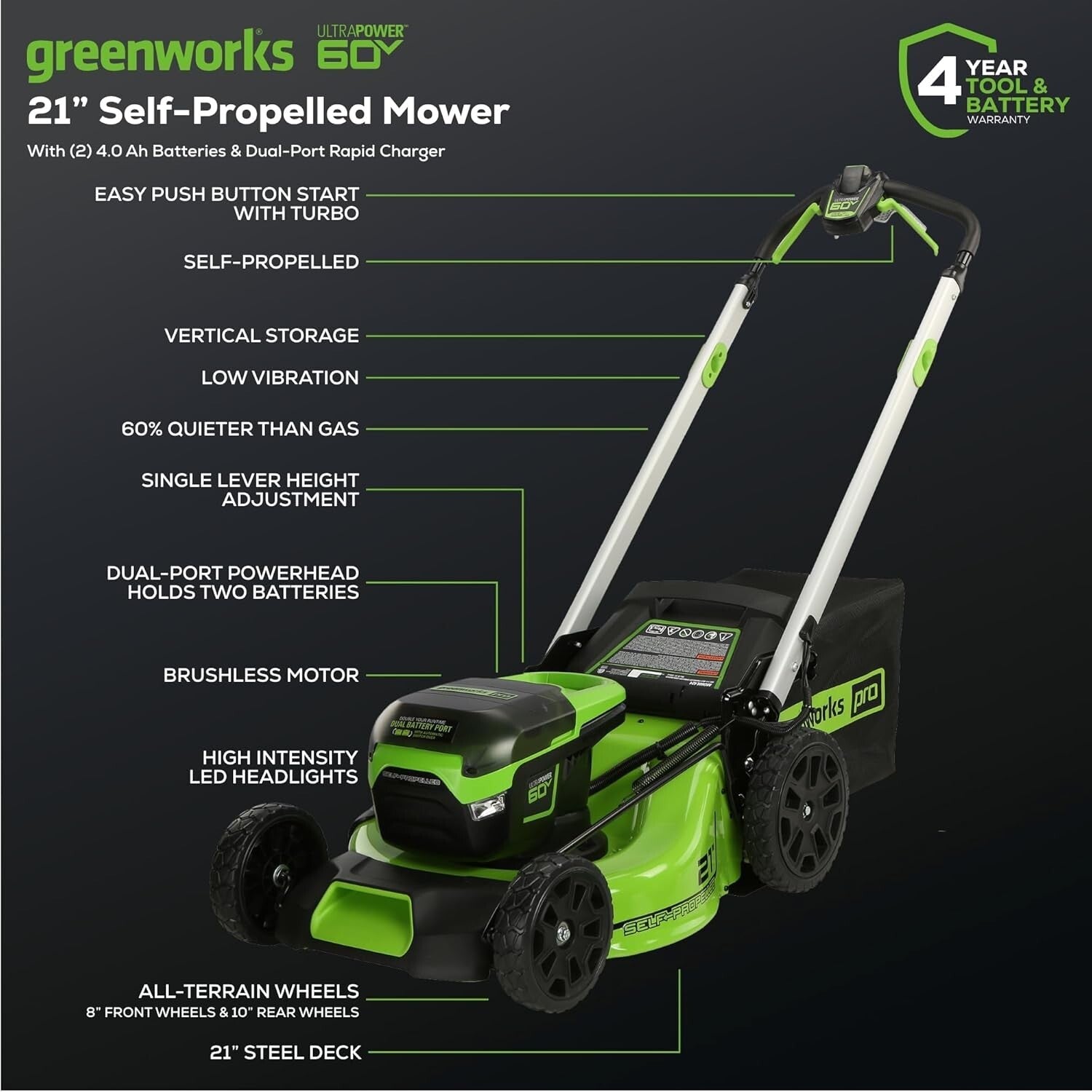 Durable 60V Cordless Lawn Mower with LED Lights & Effortless Self-Propulsion