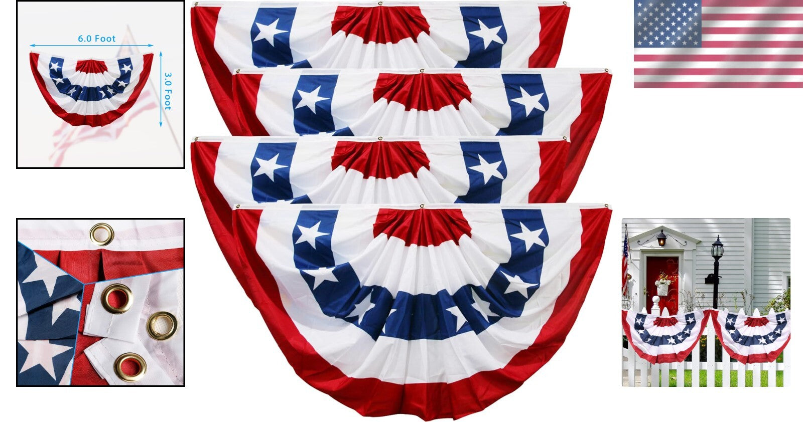 4 Pack American Flag Bunting 3x6 - Perfect for Fourth of July Outdoor Decor