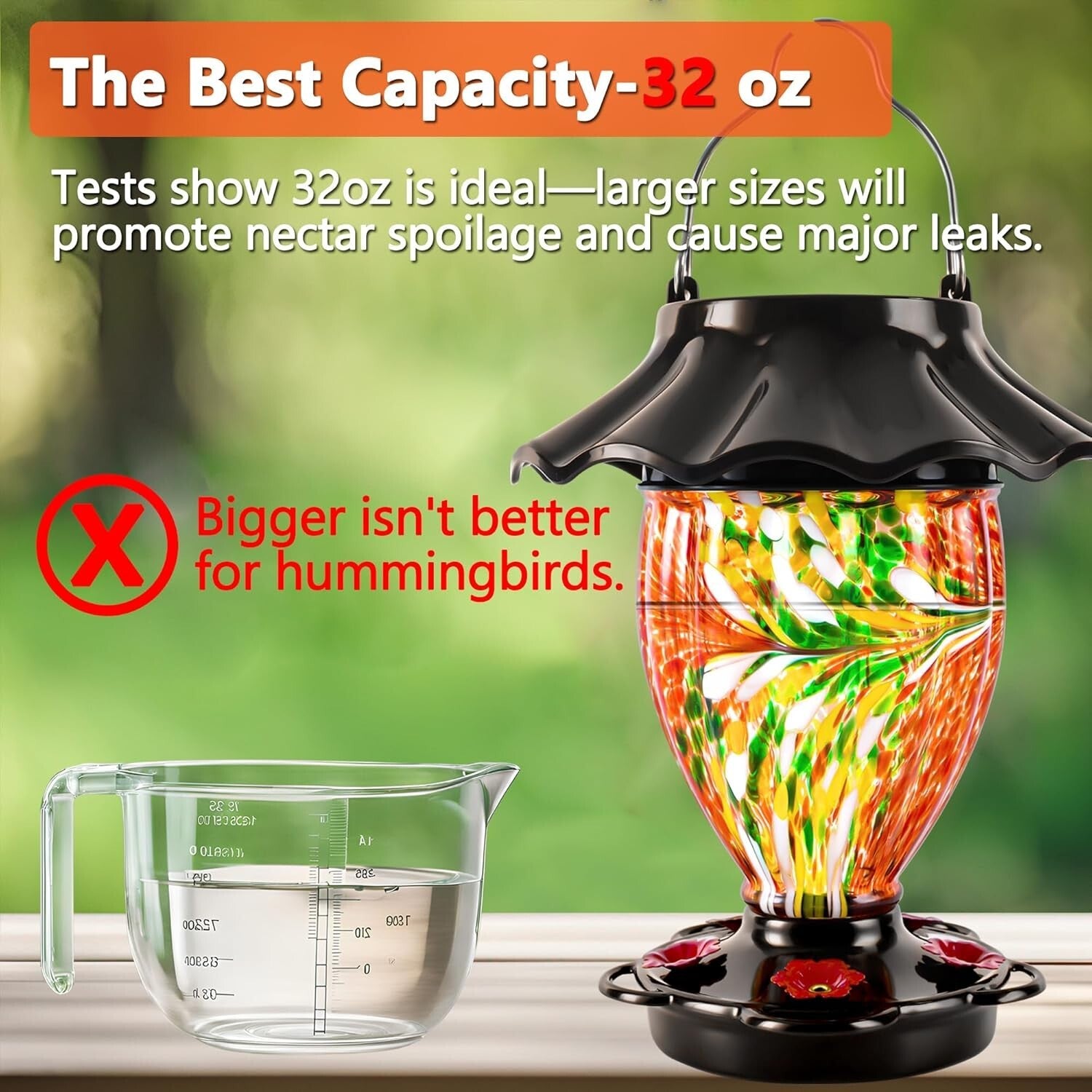 Elegant Hanging Solar Hummingbird Feeder - Durable Glass & Metal Design, 32 oz