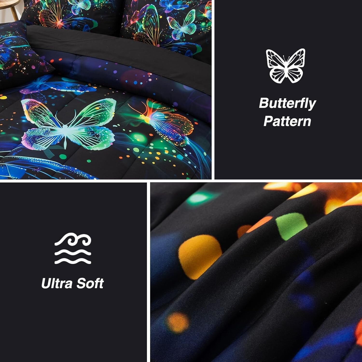 Galaxy-Themed Butterfly Printed Bedding Set - Full Comforter & Pillows Included