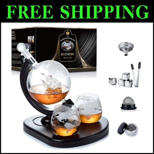 9-in-1 Globe Whiskey Decanter Set with Stainless Steel Stones & Cleaning Beads
