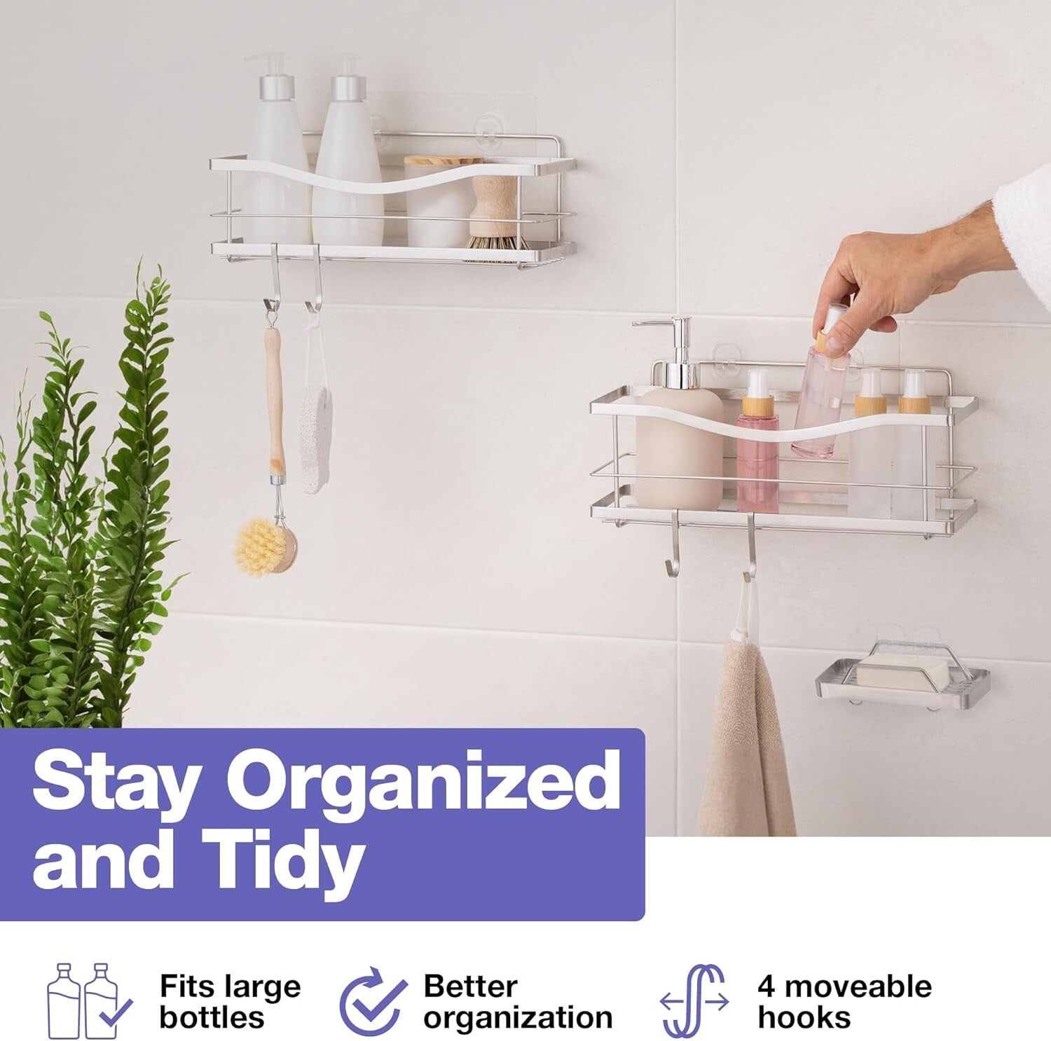 304 Rustproof Shower Caddy & Soap Holder - Adhesive Wall Mount Double Baskets