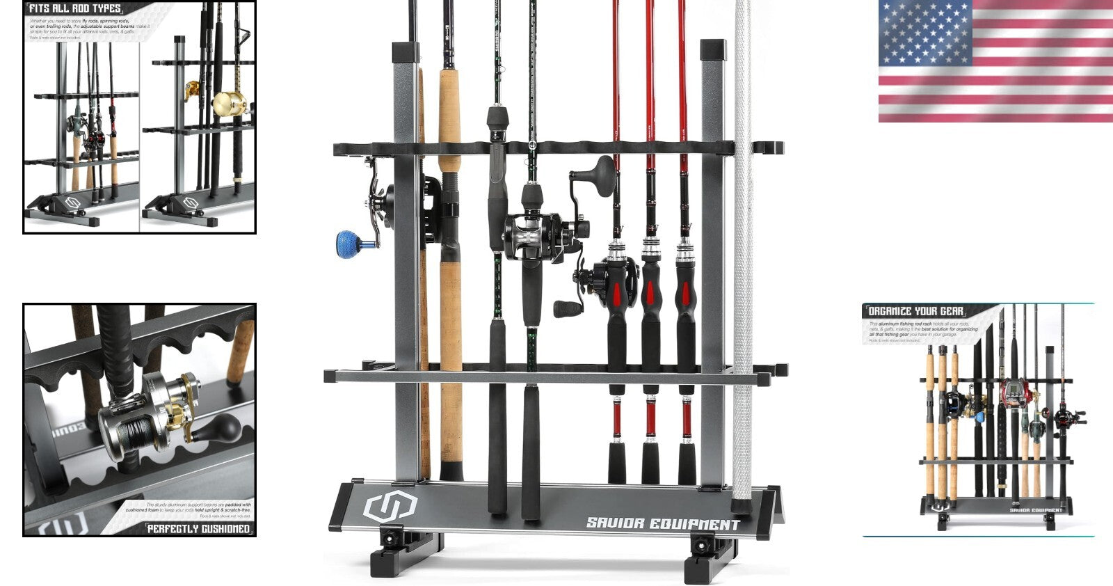 Lightweight Aluminum Fishing Rod Rack - 24 Slot Organizer for Garage Storage