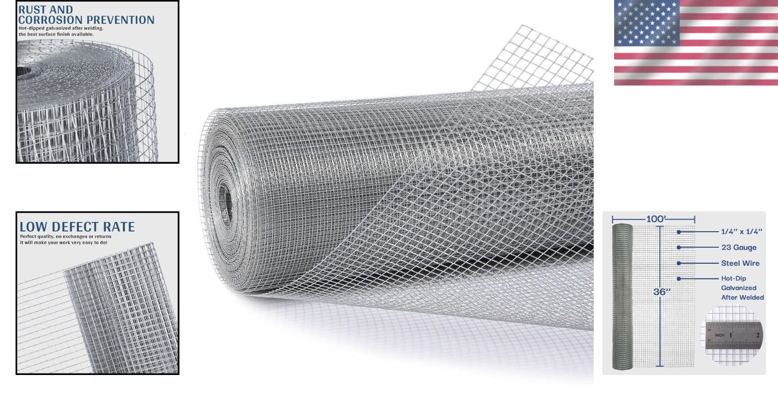 Rustproof 36'' x 100' Galvanized Mesh Wire Fencing for Gardens and Chicken Coops