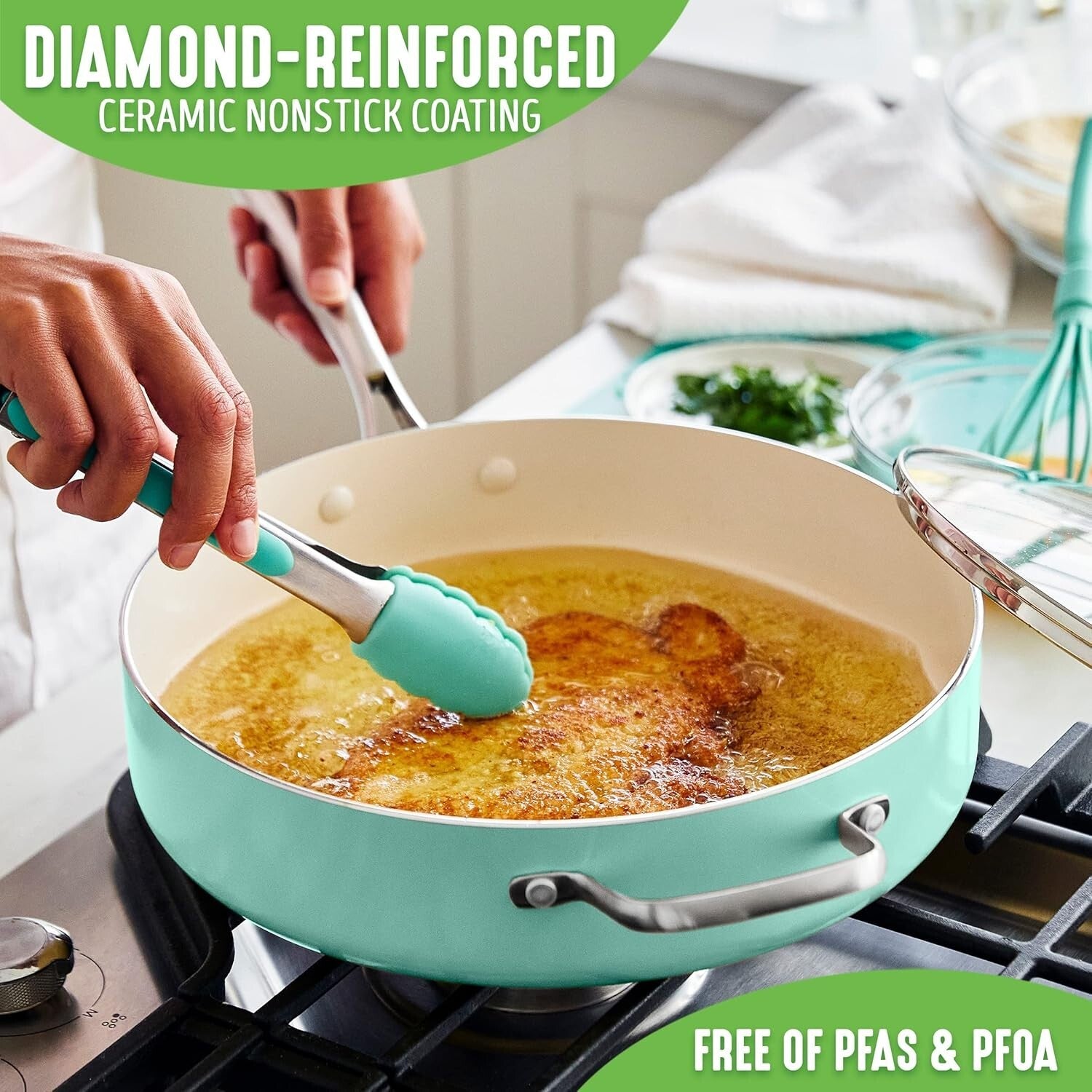 Elegant Turquoise 5QT Ceramic Nonstick Saute Pan with Stainless Steel Handle