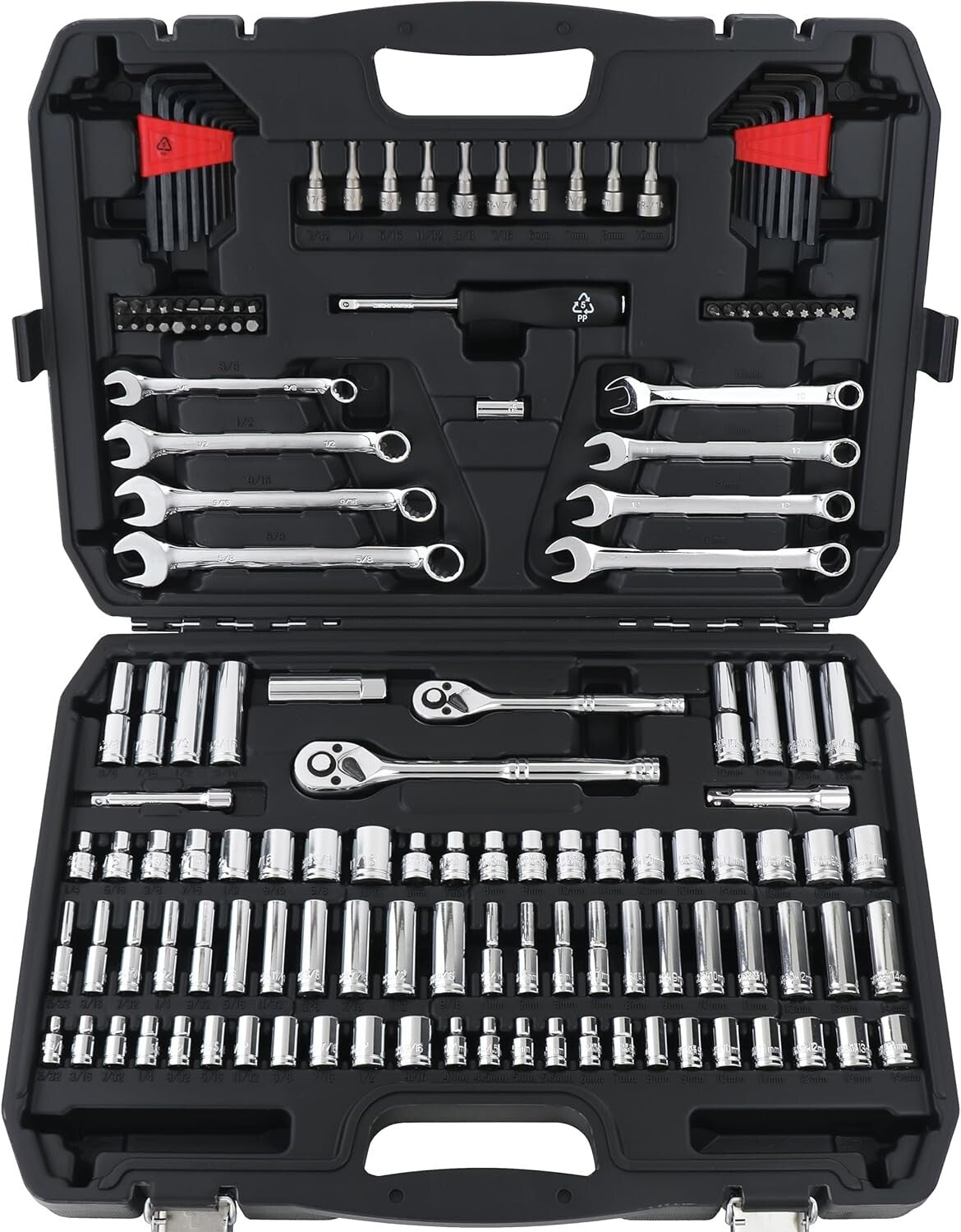 Durable SAE & Metric Mechanic Tool Set with Polished Chrome Finish - 145 Pieces