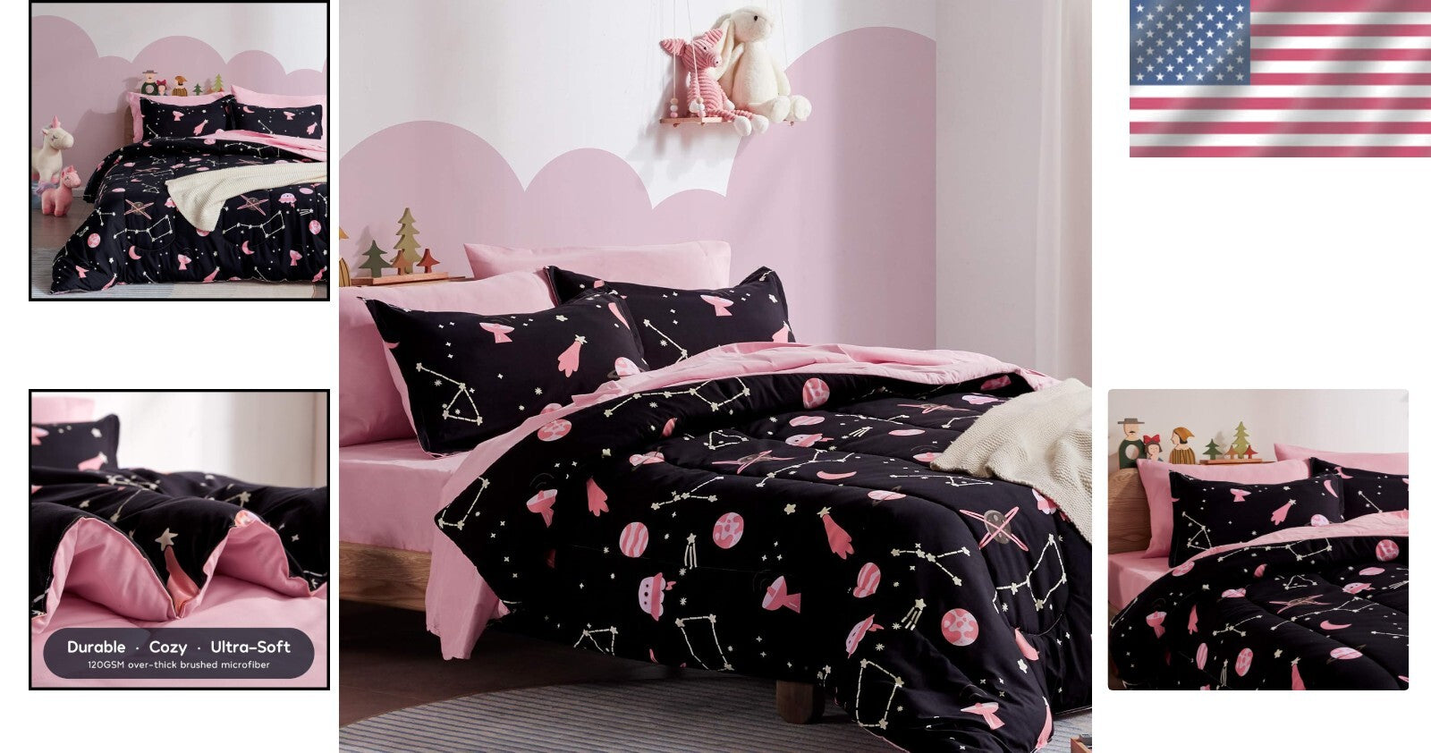 Cute Pink Galaxy Kids Twin Bedding Comforter Set - 5-Piece Ultra-Soft Collection