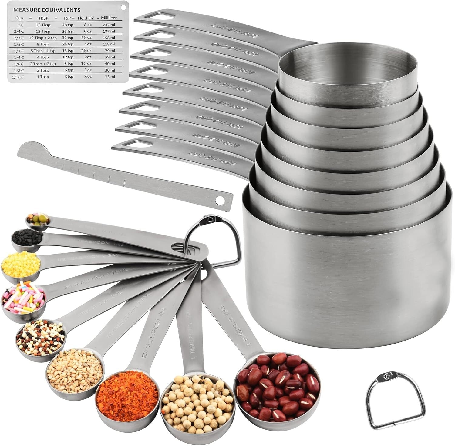 Complete 21-Piece Stainless Steel Measuring Set with Magnetic Conversion Chart