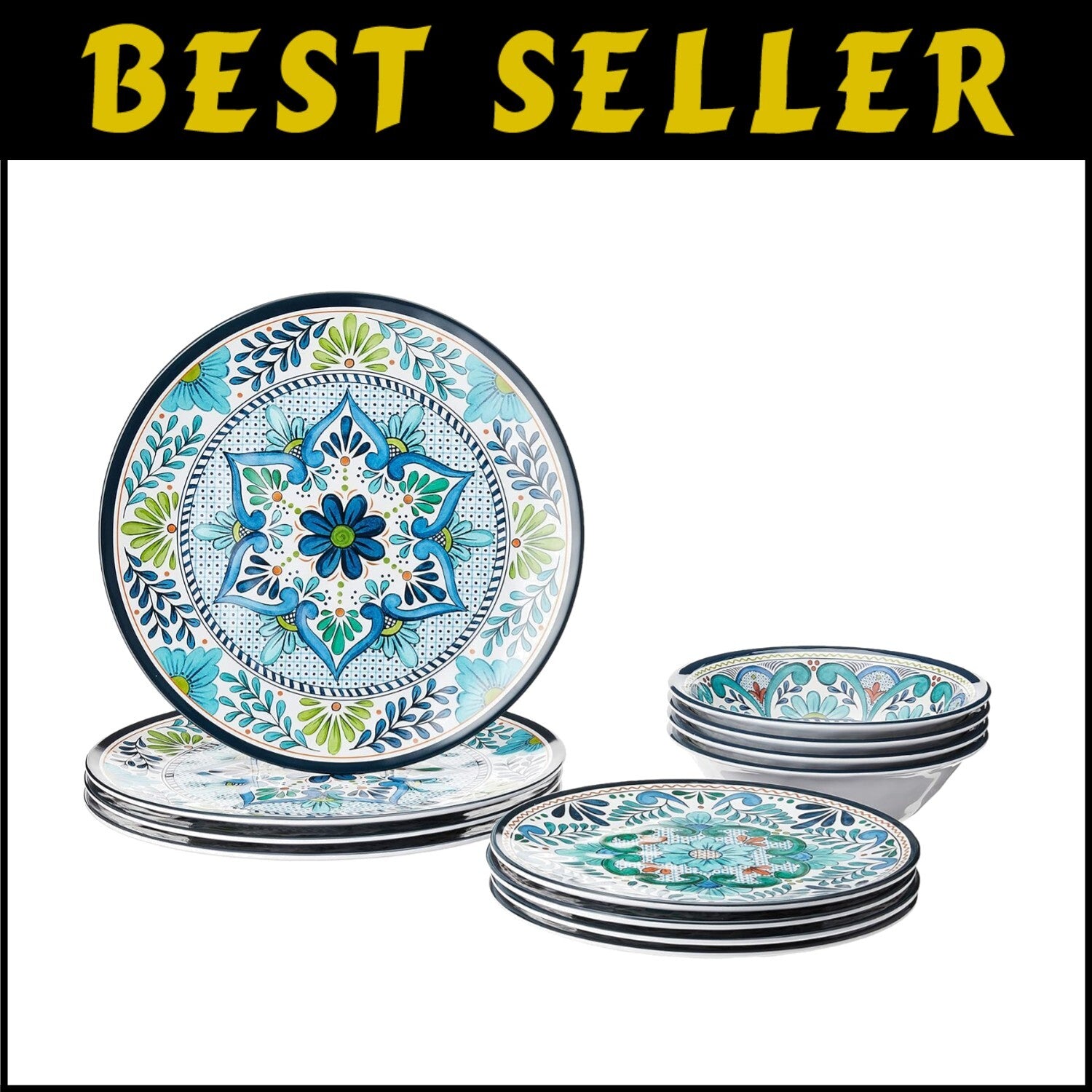 Lightweight Shatterproof 12-Piece Dinnerware Inspired by Classic Talavera Design