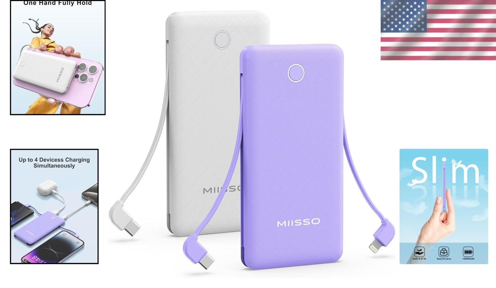 Dual-Pack 10000mAh Slim Power Bank with Built-in Cables, Travel Ready & Stylish