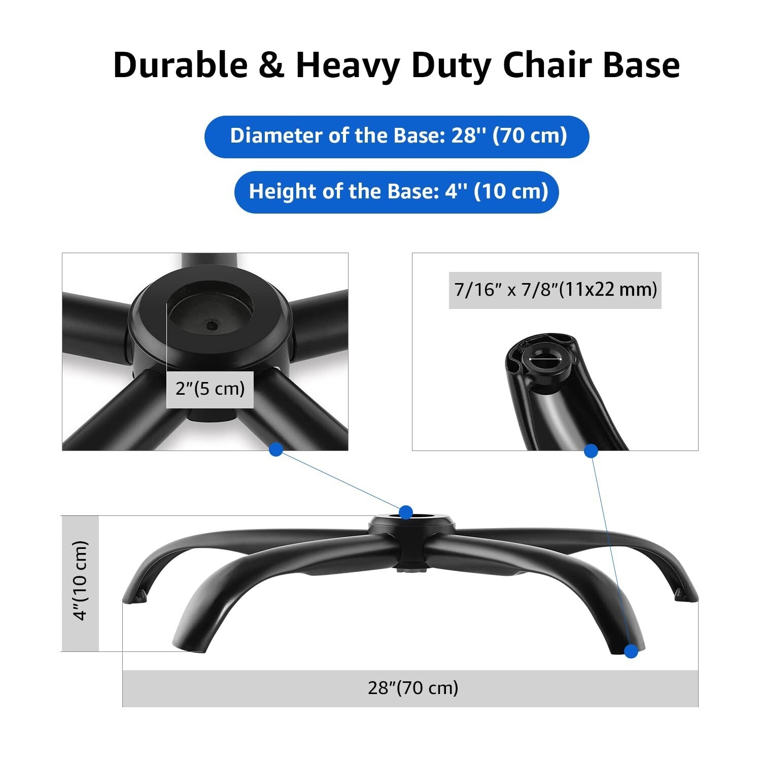 Durable 70 cm Office Chair Base Replacement - Secure and Stylish in Matte Black