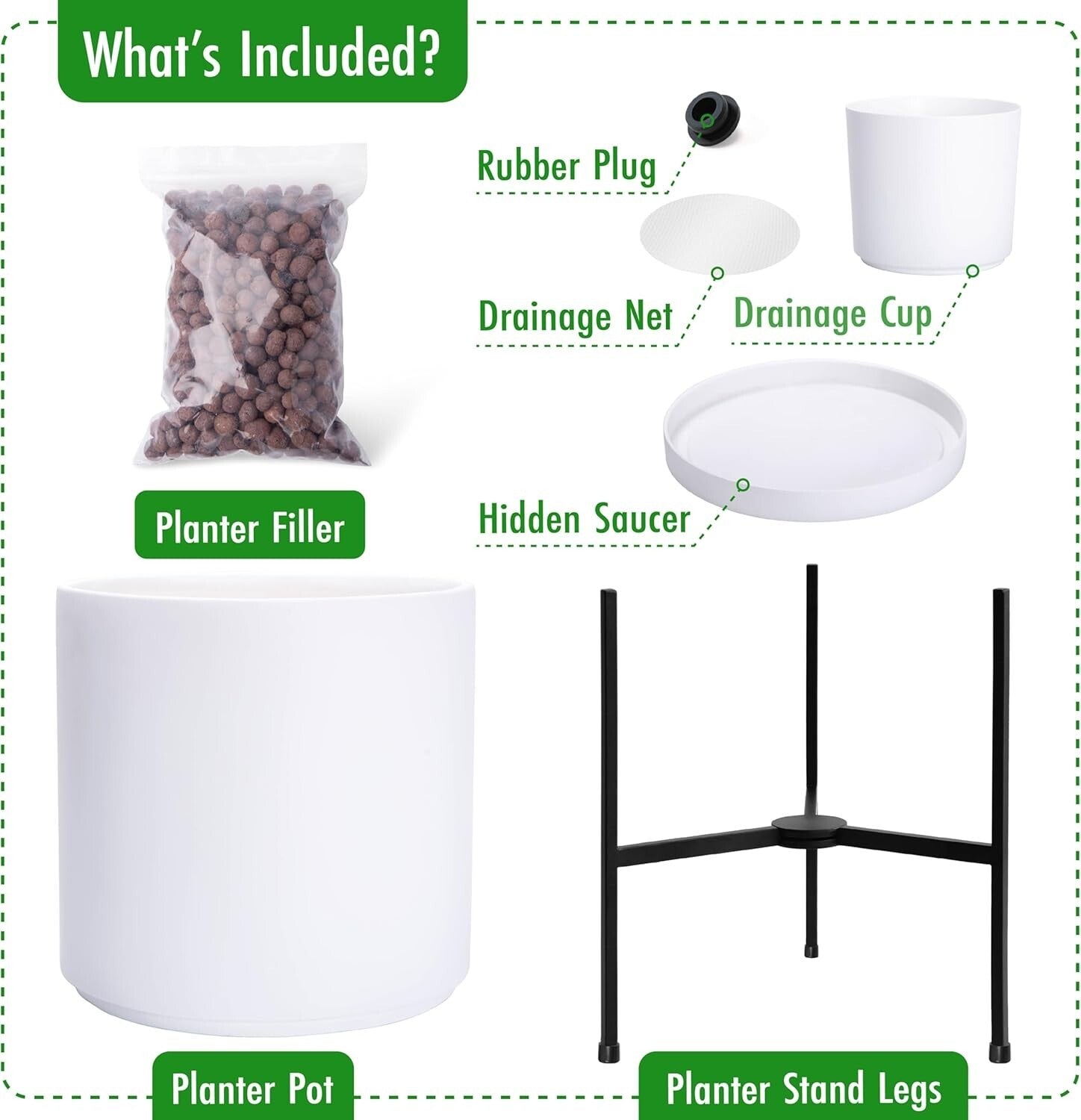 Stylish 16 Inch White Cylinder Plant Pot with Durable Metal Stand—Indoor/Outdoor