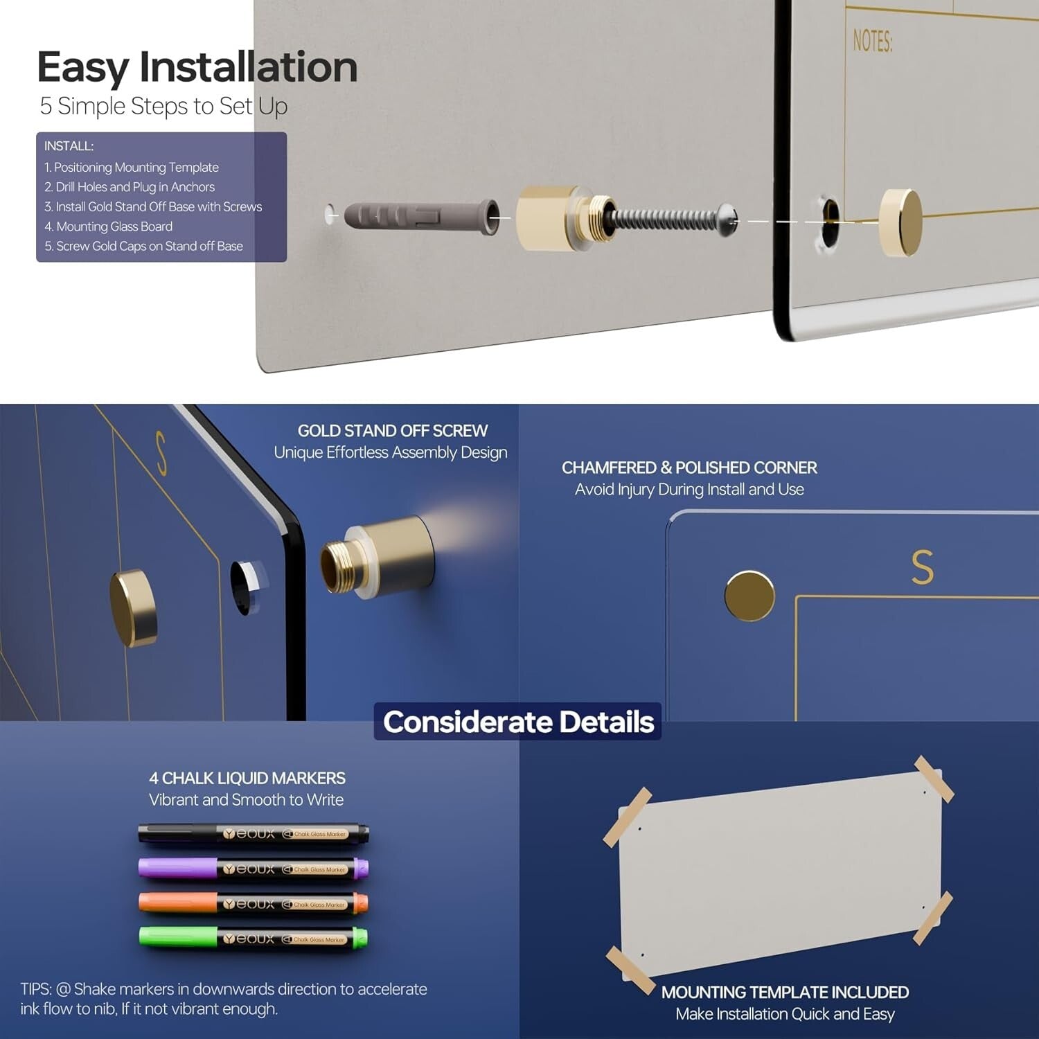 Elegant Glass Weekly Dry Erase Calendar with 4 Markers - 23x9.5 for Home Office