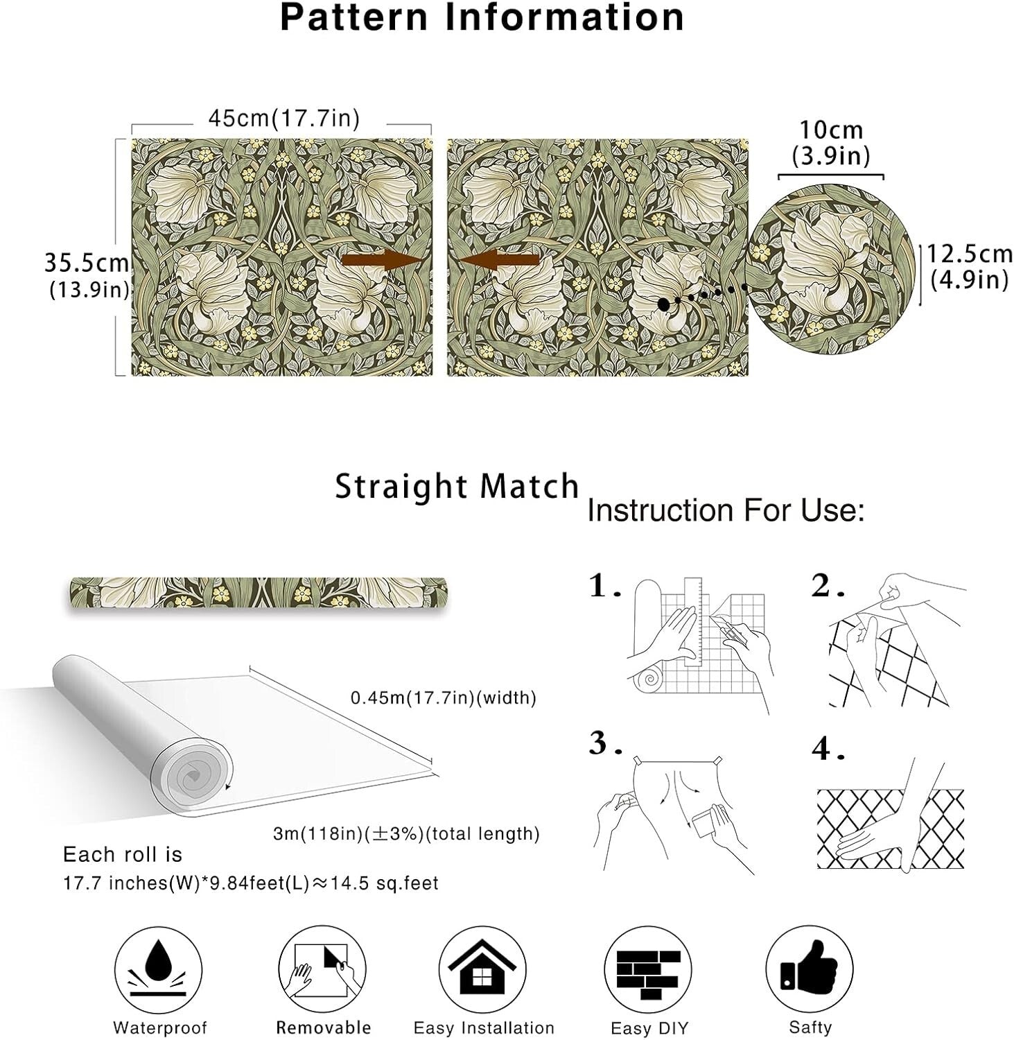 Waterproof Vintage Floral Wallpaper - Easy Install Morris Design 32.8ft Roll