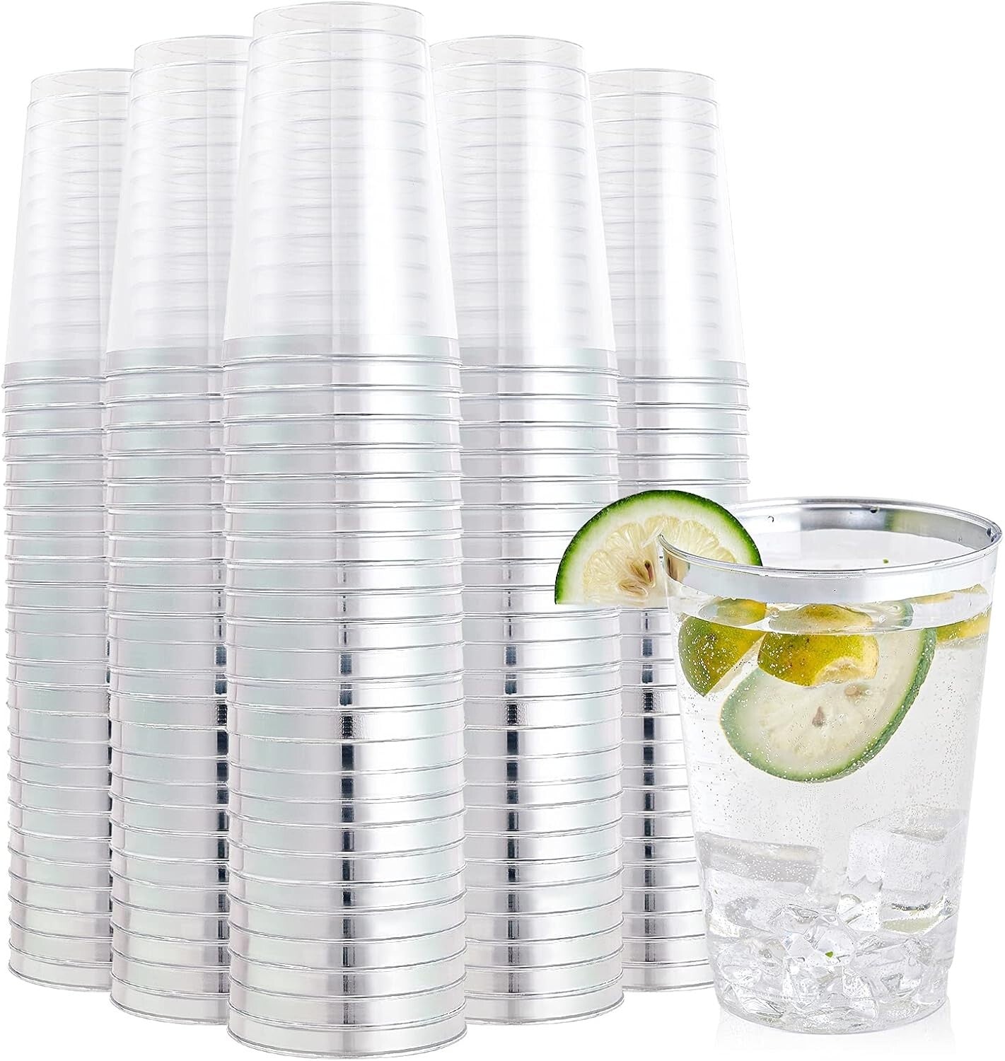 Sturdy 12 oz Clear Plastic Cups with Silver Rim - Perfect for Weddings & Events