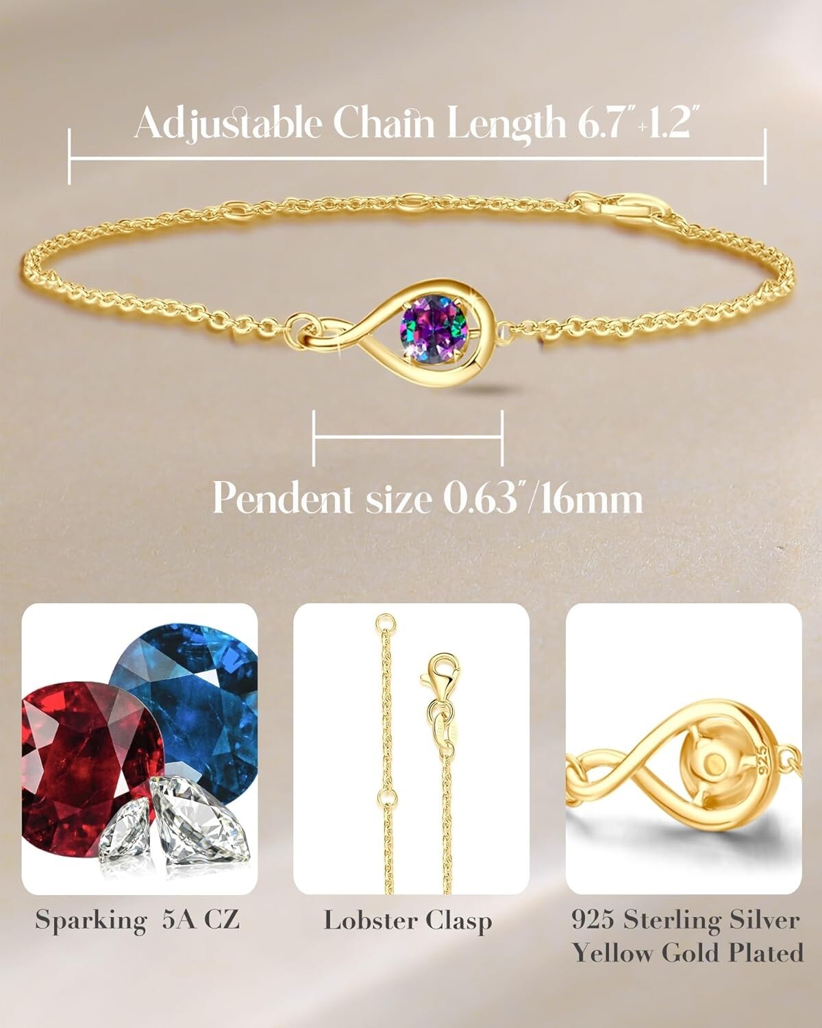 Adjustable 925 Silver Infinity Bracelet with Alexandrite - Perfect Gift for Her