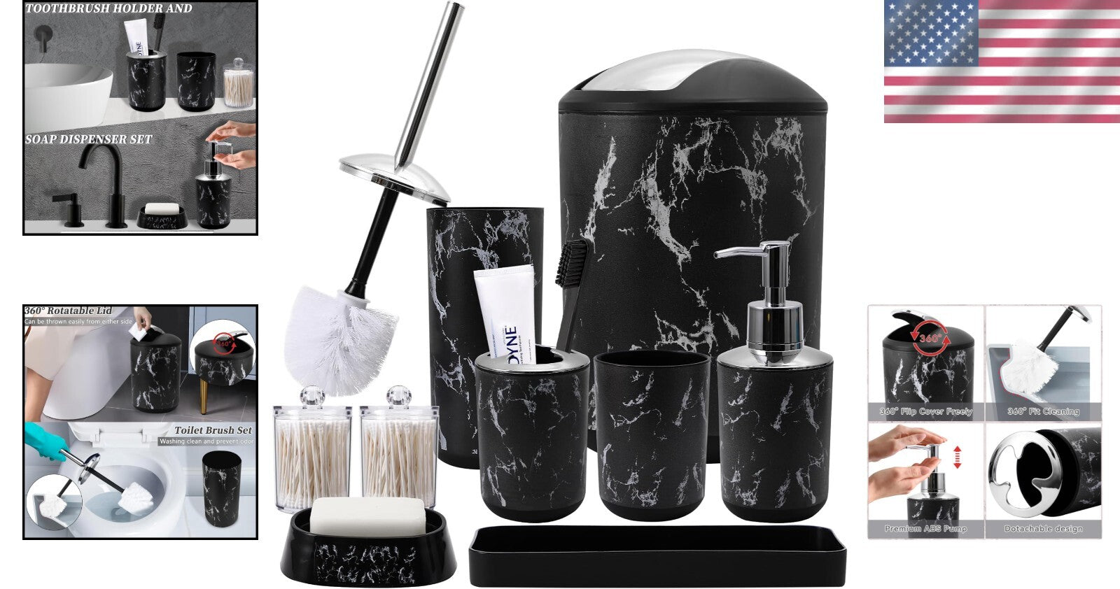 9-Piece Black Marble Bathroom Accessories Set - Enhancing Elegance and Function