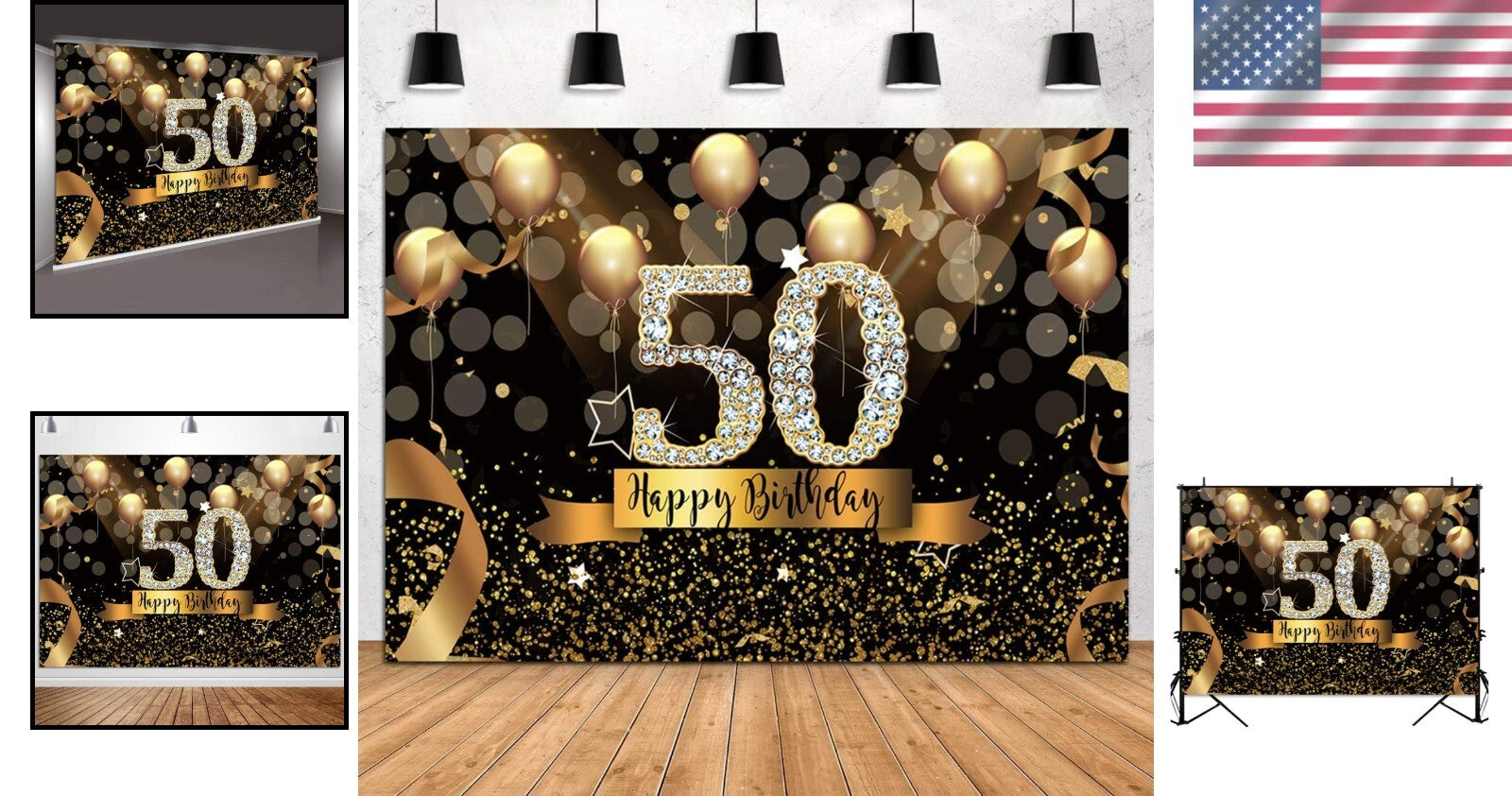 Elegant 10x8ft Glittering 50th Birthday Photography Backdrop with Gold Balloons