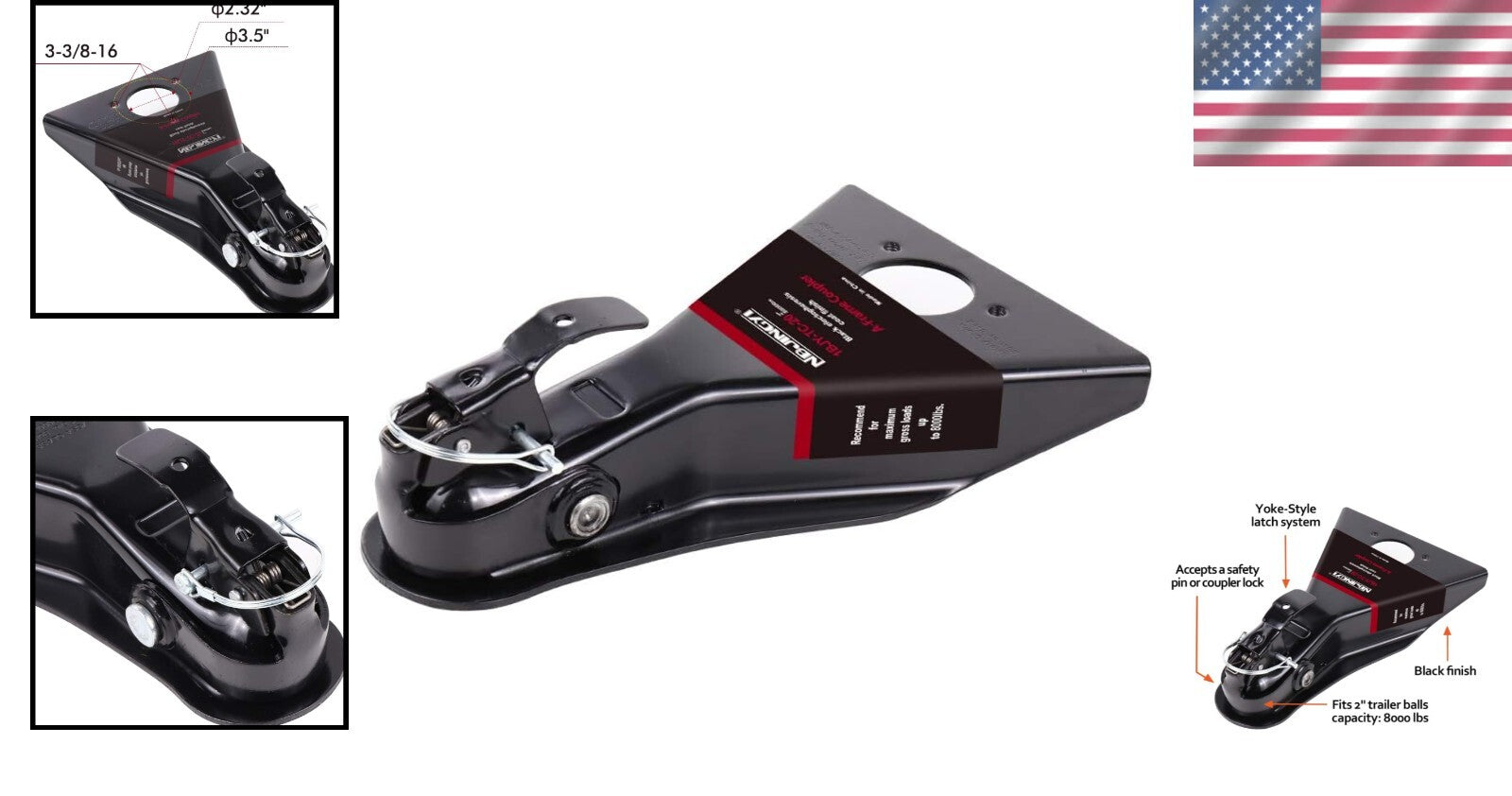 Lightweight 8000lbs A-Frame Hitch for Trailers - Yoke-Style with Black Finish