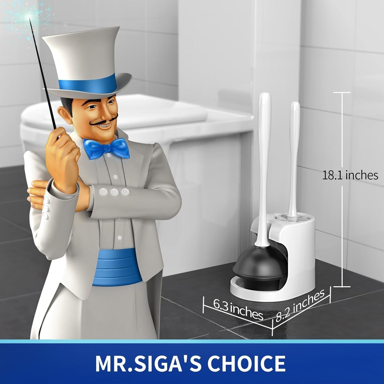Compact White Toilet Cleaner Set with Plunger, Brush, and Storage Holder