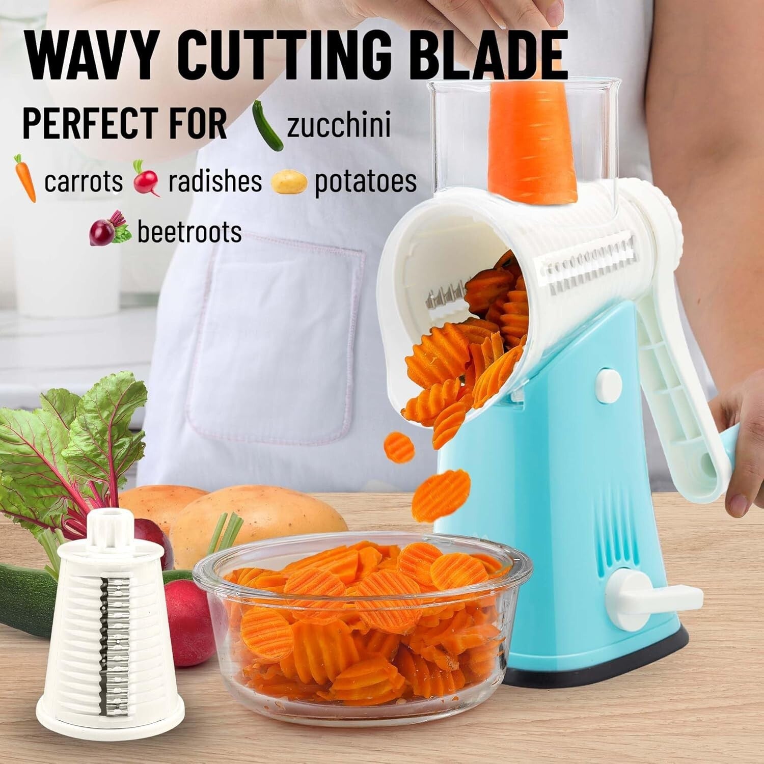 5-Blade Vegetable Chopper - Hand Crank Grater with Suction Base for Fast Prep
